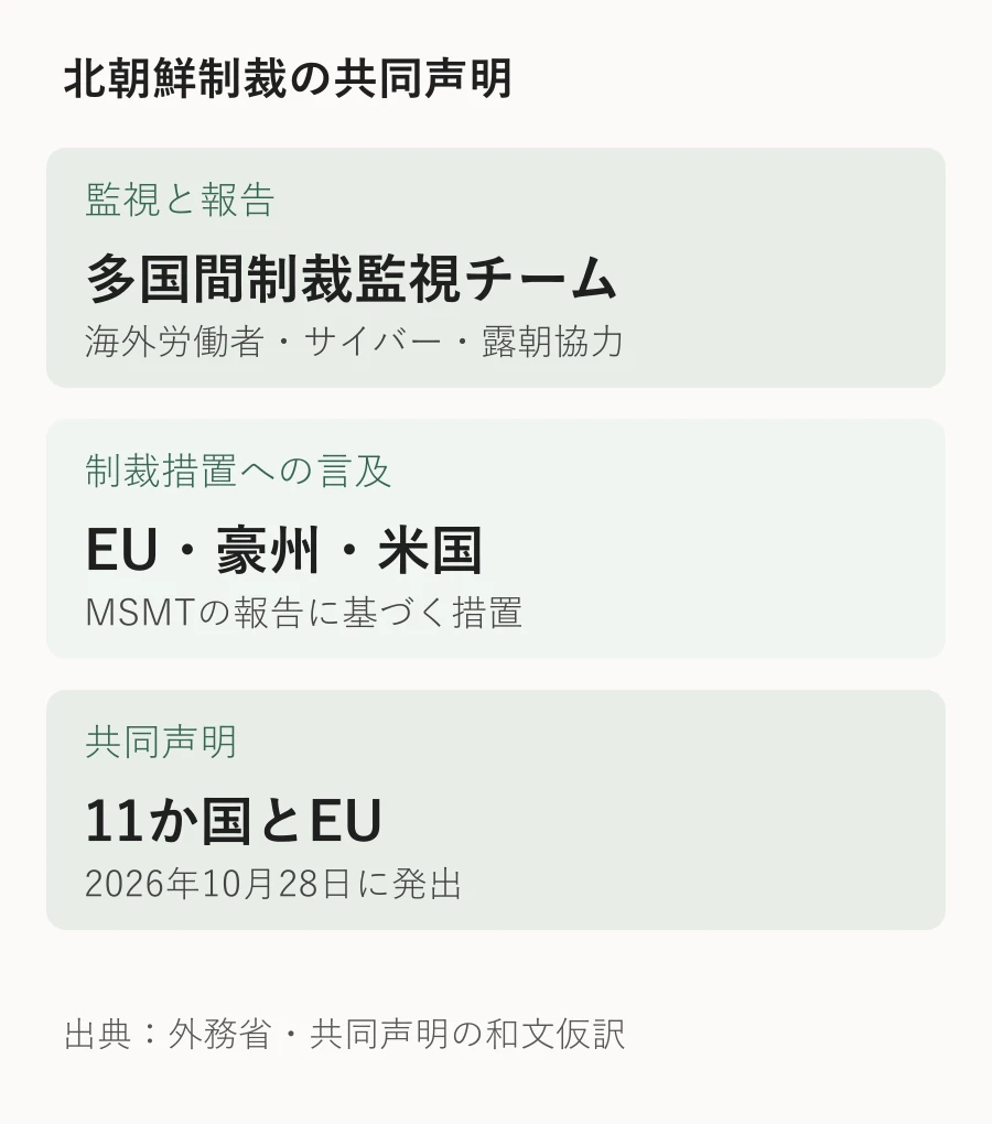 MSMTの監視と報告、各国などの制裁措置、11か国とEUによる共同声明の関係を示した図