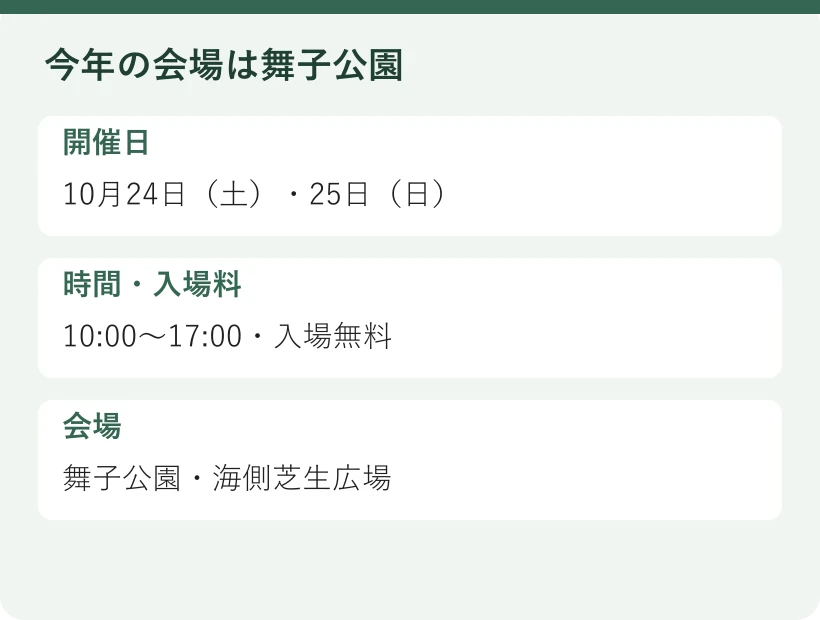 今年の会場は舞子公園。開催日：10月24日（土）・25日（日）。時間・入場料：10:00〜17:00・入場無料。会場：舞子公園・海側芝生広場