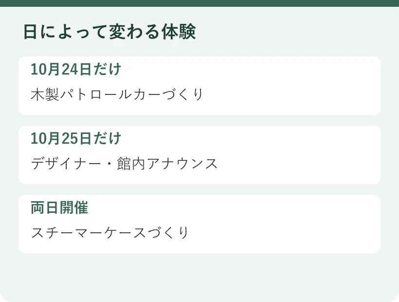 日によって変わる体験。10月24日だけ:木製パトロールカーづくり。10月25日だけ:デザイナー・館内アナウンス。両日開催:スチーマーケースづくり