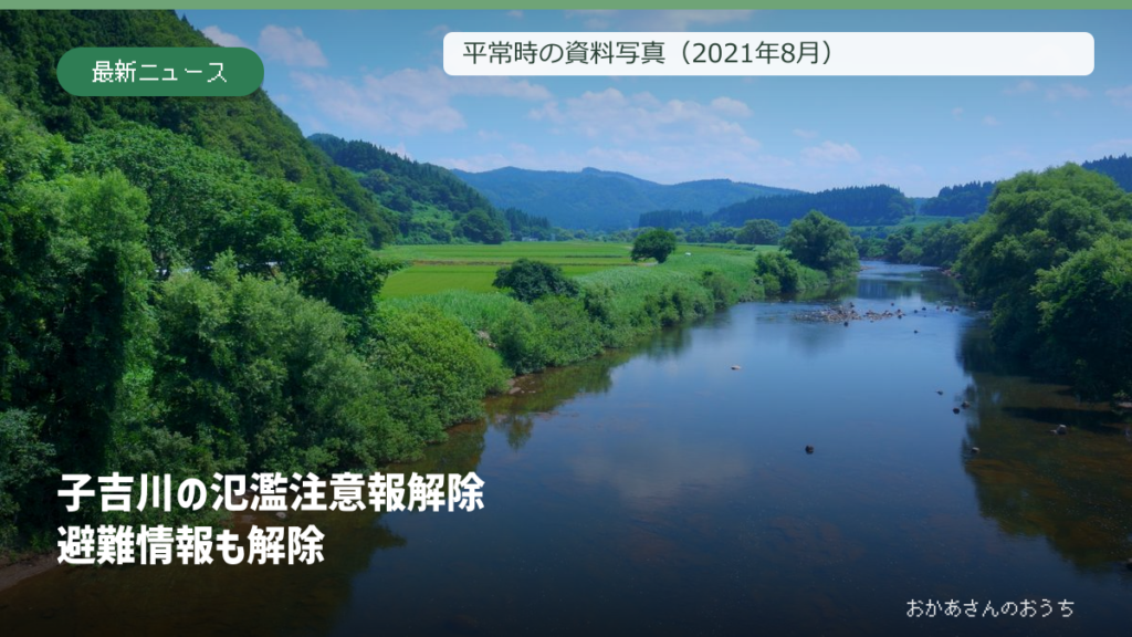 平常時の子吉川2021年資料写真と氾濫注意報・避難情報解除の見出し