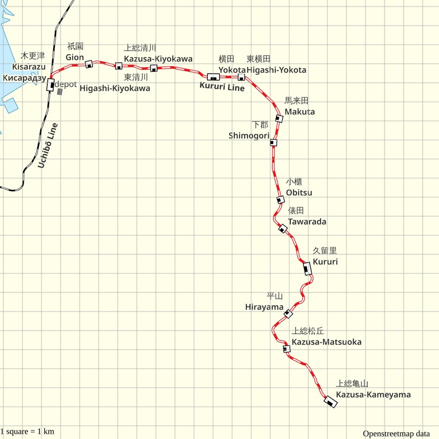 JR久留里線の路線図。木更津から久留里を通って上総亀山まで