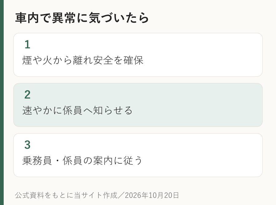 車内で異常に気づいたら。１：煙や火から離れ安全を確保。２：速やかに係員へ知らせる。３：乗務員・係員の案内に従う