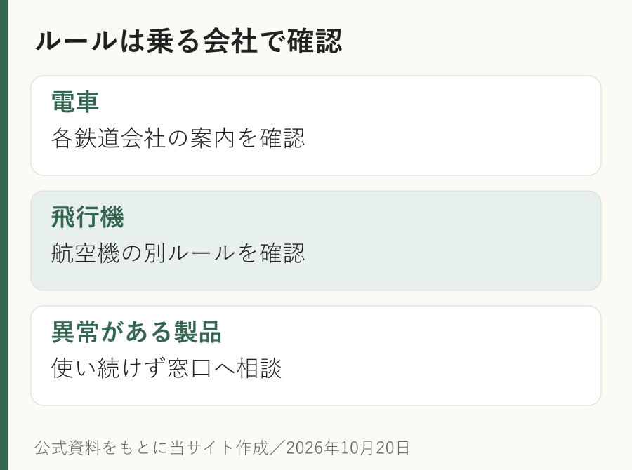 ルールは乗る会社で確認。電車：各鉄道会社の案内を確認。飛行機：航空機の別ルールを確認。異常がある製品：使い続けず窓口へ相談