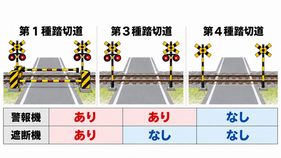 第1種・第3種・第4種踏切道の比べ図。第1種は警報機も遮断機もあり、第3種は警報機だけあり、第4種は警報機も遮断機もない