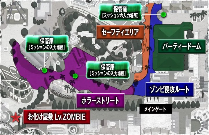 ナガシマゾンビアイランド2026の園内マップ。メインゲートから入ってすぐ右にパーティードーム、その横にセーフティエリア、左奥にホラーストリートと保管庫（ミッションの入力場所）が3か所、左下にお化け屋敷レベルゾンビ