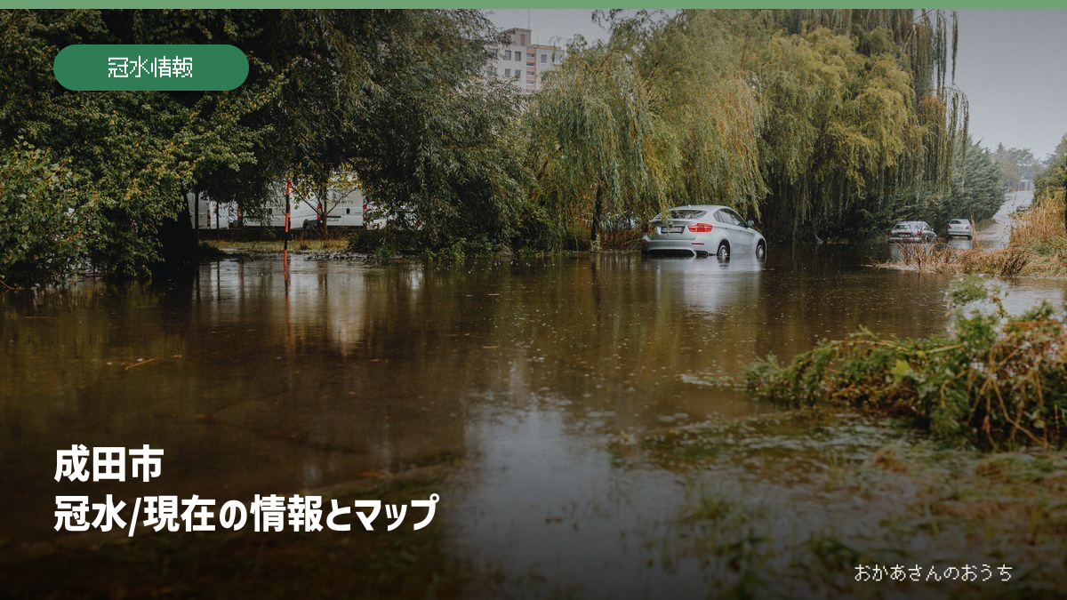 成田市の冠水情報・マップを案内するアイキャッチ。背景は現地の被害写真ではないイメージ写真。