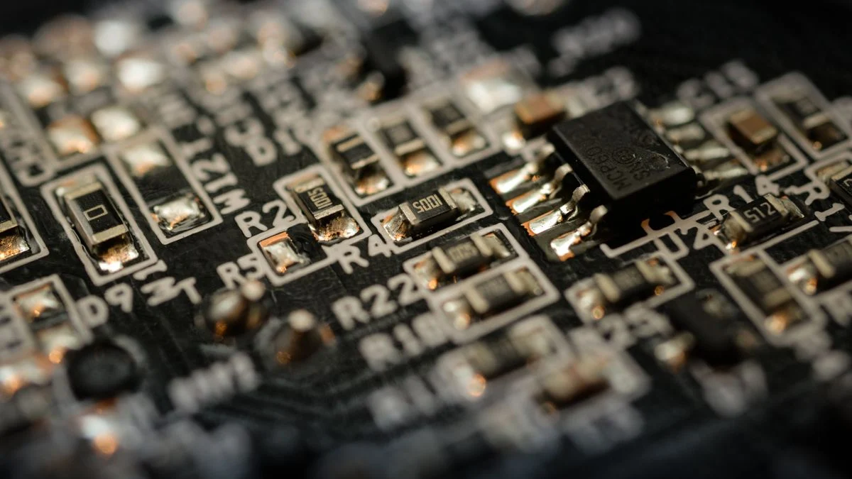 電子回路が並ぶ基板。半導体製造と供給網のイメージ