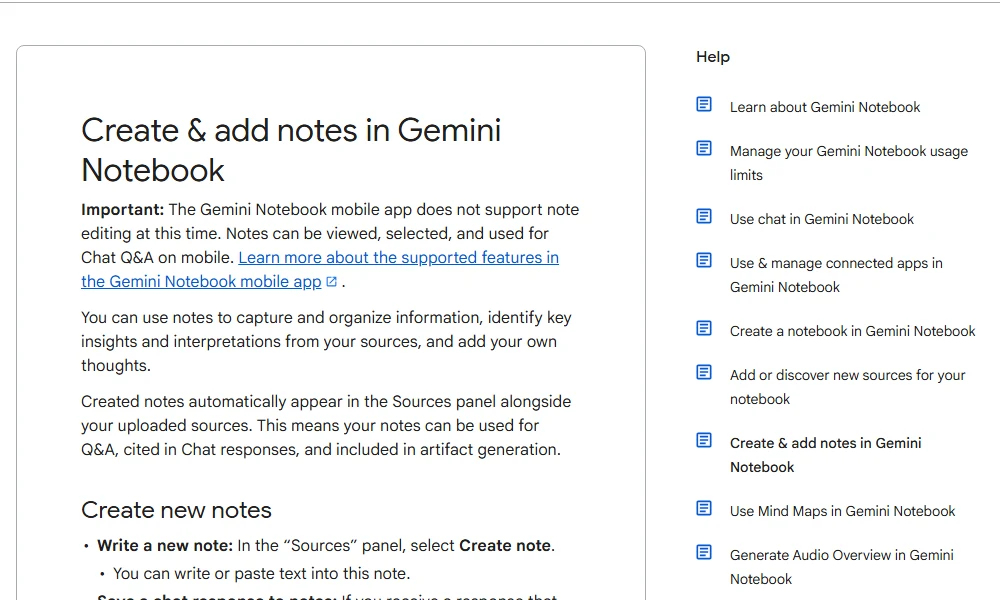 NotebookLM メモ/変わった操作に関する公式案内の実画面
