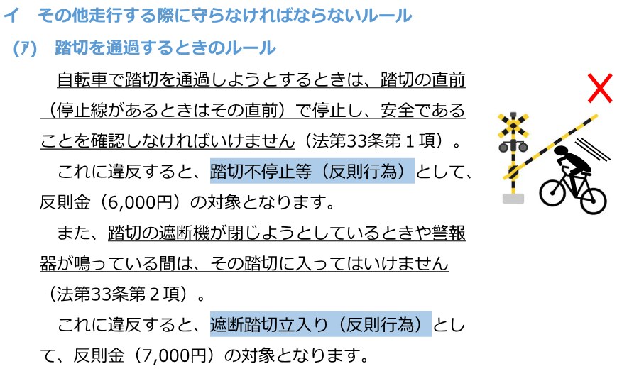 警察庁の自転車ルールブックの踏切のページ。踏切の直前で停止し安全を確認しなければならず、違反は踏切不停止等で反則金6,000円。遮断機が閉じようとしているときや警報器が鳴っている間に入ると遮断踏切立入りで反則金7,000円