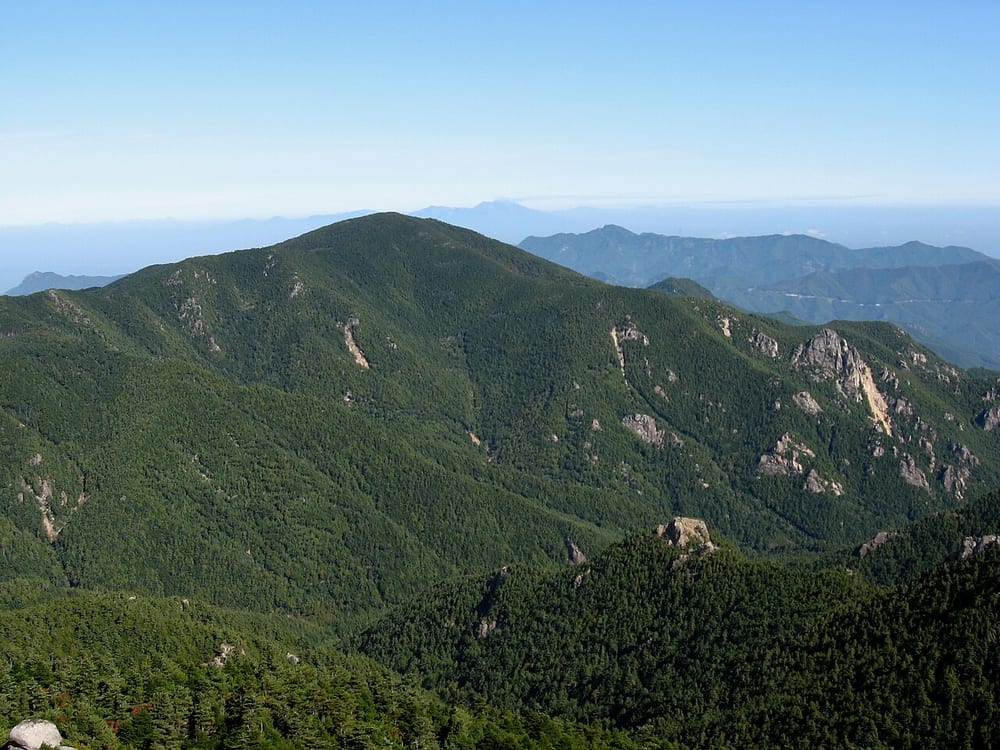 金峰山から見た小川山。緑の山の斜面のところどころに白っぽい岩が突き出している