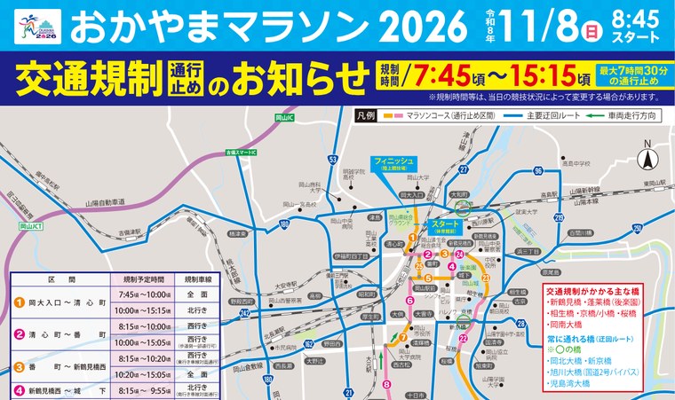 おかやまマラソン2026の交通規制のお知らせ(実行委員会のチラシ)。11月8日(日)8時45分スタート、規制時間は7時45分頃から15時15分頃で最長7時間30分の通行止め。区間ごとの規制予定時間の表と、規制がかかる主な橋、常に通れる橋