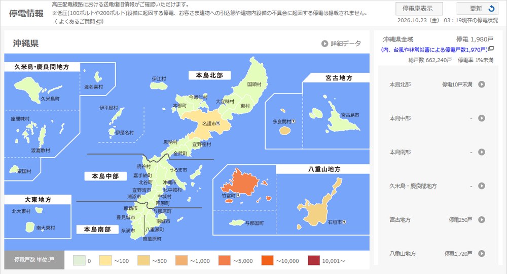 沖縄電力の停電マップ。10月23日3時19分現在、竹富町が濃い色で、八重山地方の停電は1,720戸