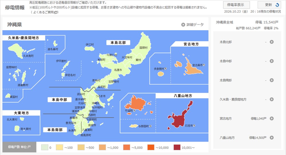 沖縄電力の停電マップ。10月23日20時16分現在、石垣市が最も濃い色で、八重山地方の停電は14,500戸
