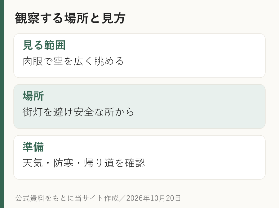 観察する場所と見方。見る範囲：肉眼で空を広く眺める。場所：街灯を避け安全な所から。準備：天気・防寒・帰り道を確認