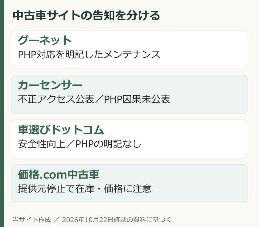 グーネットはPHP対応明記、カーセンサーは不正アクセス、車選びは安全性向上、価格.comは更新影響という区別