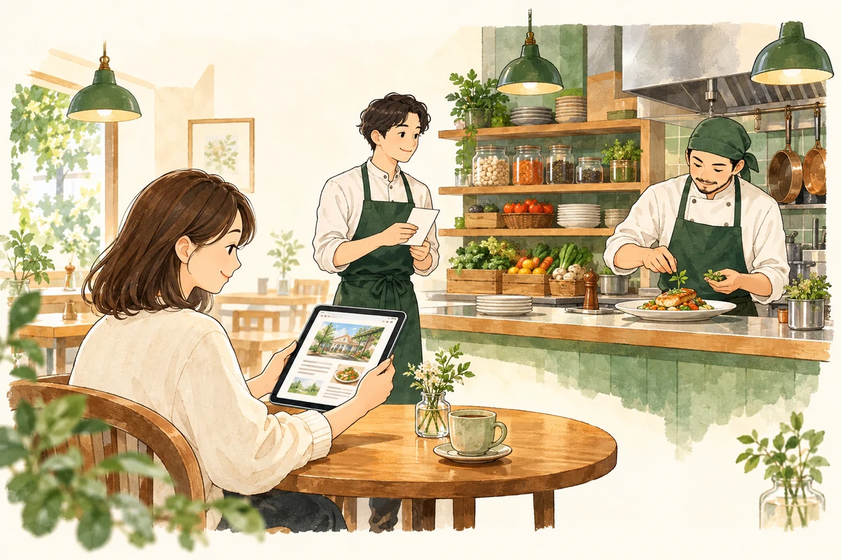客の注文を受けて調理し、出来上がった料理を届けるレストランの挿絵