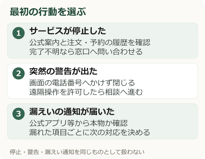 サービス停止・偽警告・漏えい通知の状況ごとに最初に行う対応