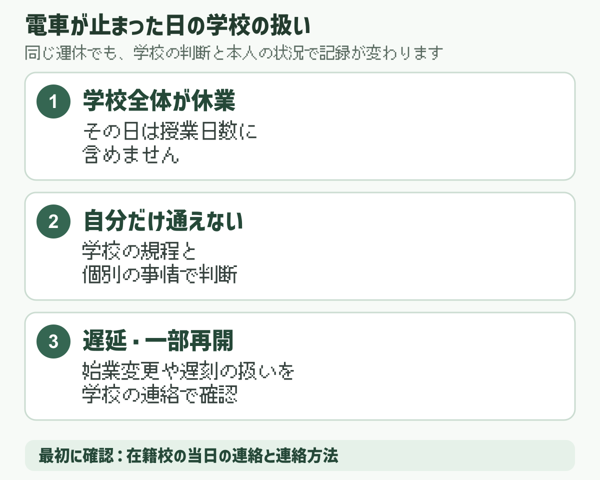 電車が止まった日の高校の対応。学校全体の休業、個別の通学不能、遅延・一部再開の3区分