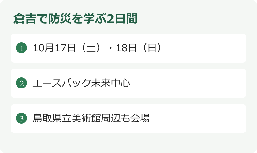 倉吉で防災を学ぶ2日間。10月17日（土）・18日（日）。エースパック未来中心。鳥取県立美術館周辺も会場