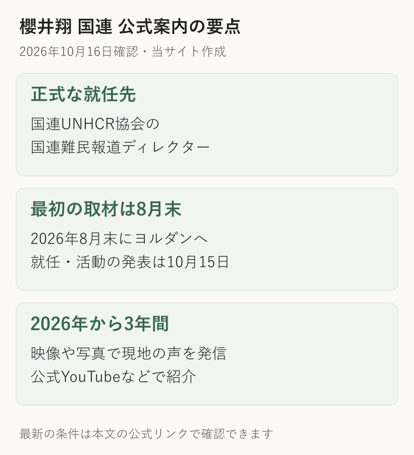 2026年8月末のヨルダン取材、10月15日の就任とプロジェクト発表、2026年から3年間の活動計画を時系列で示す図解