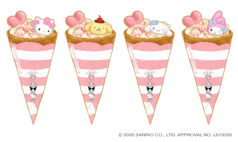 sanrio house 名古屋PARCO店のカフェブースのクレープ。ハローキティ・ポムポムプリン・シナモロール・マイメロディのマシュマロがのった4種類(公式サイトのお知らせより)