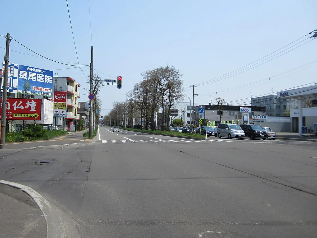 札幌市白石区の南郷通。「南郷通10北」と書かれた信号の先に、並木のある広い通りが続いている