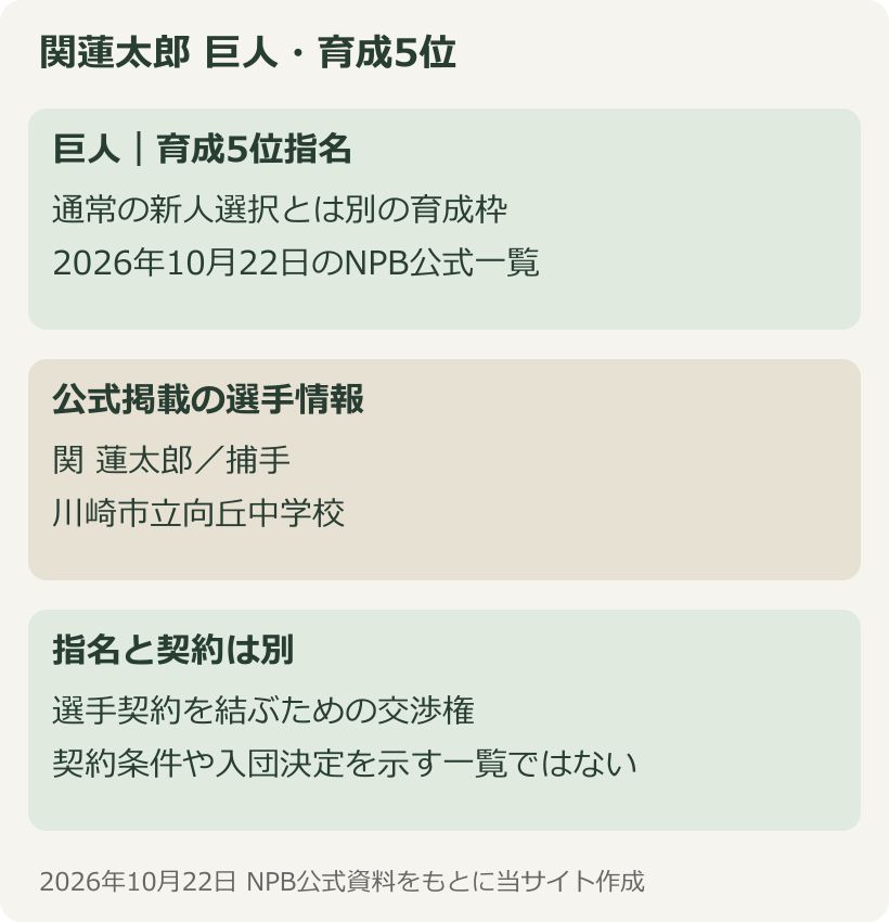 関蓮太郎選手は巨人の育成5位指名、捕手、川崎市立向丘中学校。指名と契約は別という整理図