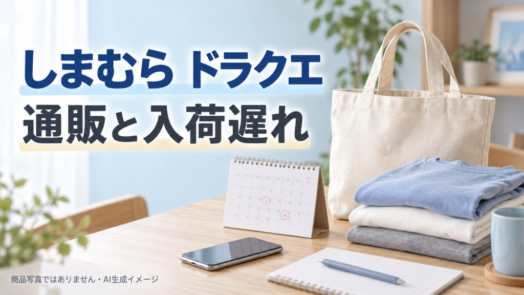 しまむらとドラクエの通販・入荷延期の記事を伝える無地のバッグと服の買い物イメージ。AI生成で商品写真ではありません
