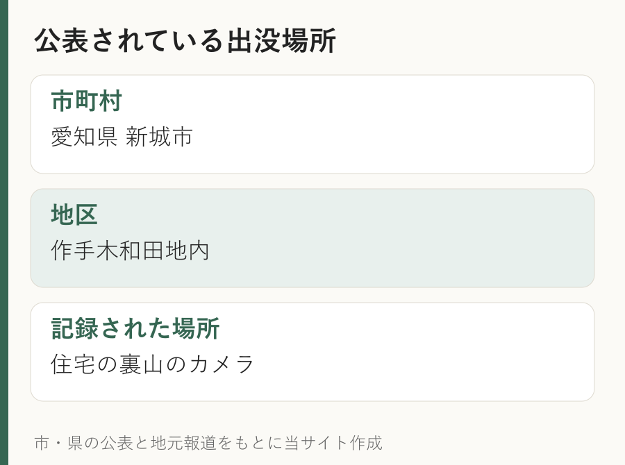 公表された地域は愛知県新城市作手木和田地内で、住宅裏山のカメラに1頭が記録された。詳しい地点を示す地図ではない