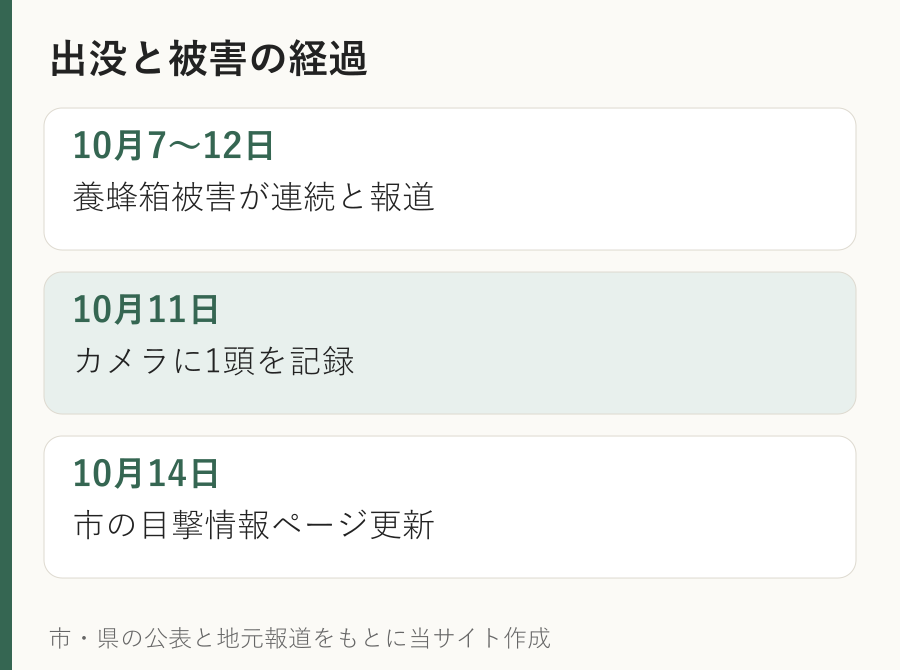 養蜂箱被害は7日から12日まで続いたと東海テレビが報じ、11日にカメラで1頭を記録。市は14日に目撃情報を更新