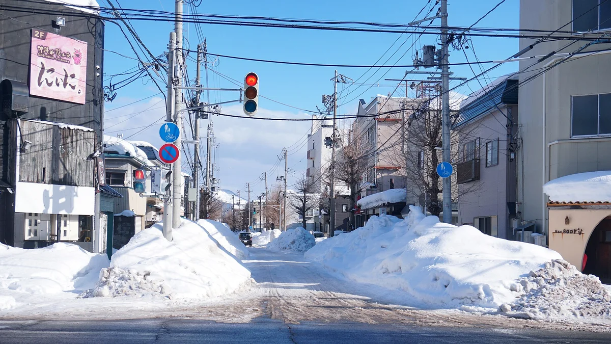 青森市の住宅が並ぶ道路と両側の雪。2025年1月12日の記録。