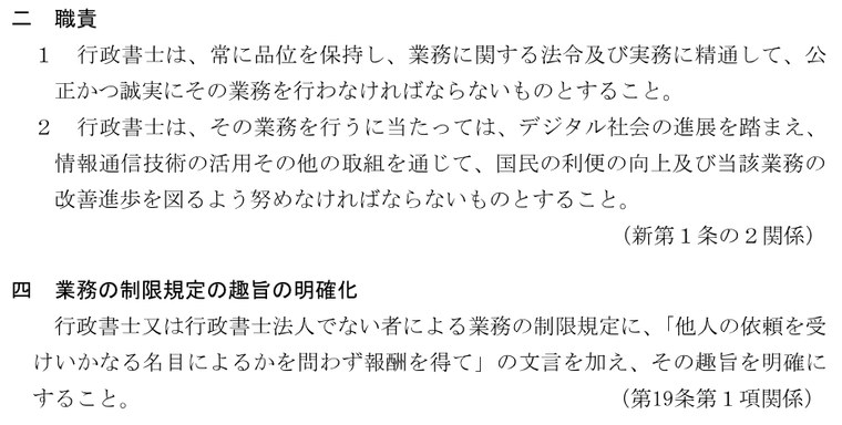 総務省 行政書士法の一部を改正する法律要綱 職責と業務の制限規定