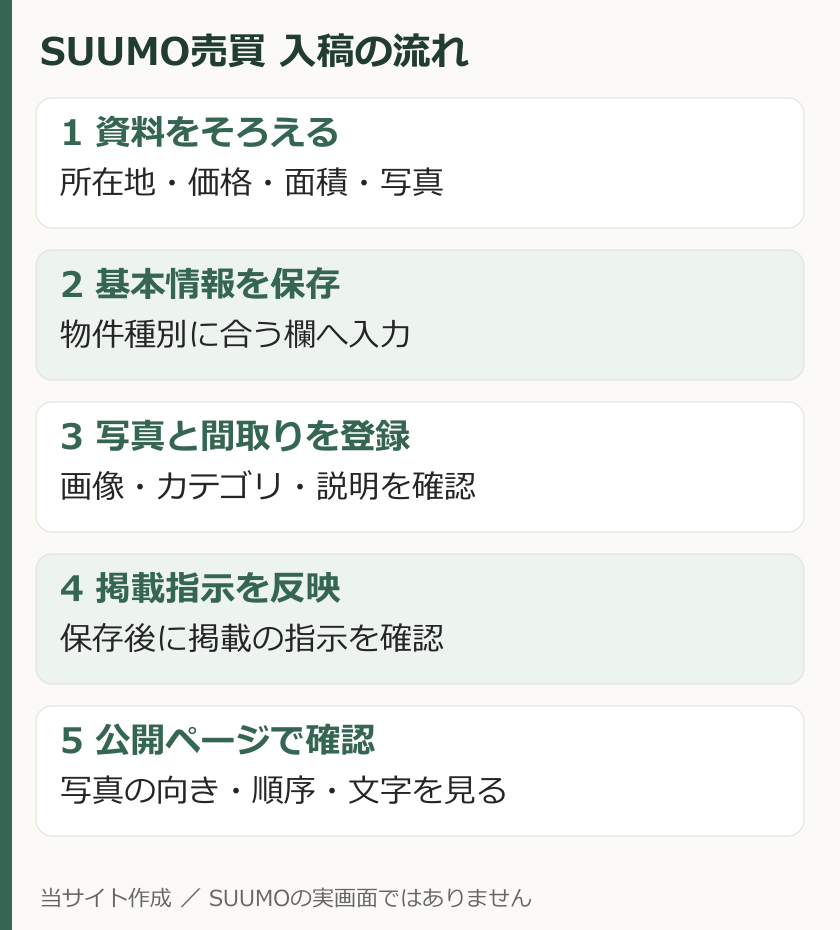 SUUMO売買の入稿は資料準備、基本情報保存、画像登録、掲載指示反映、公開ページ確認の順に進める