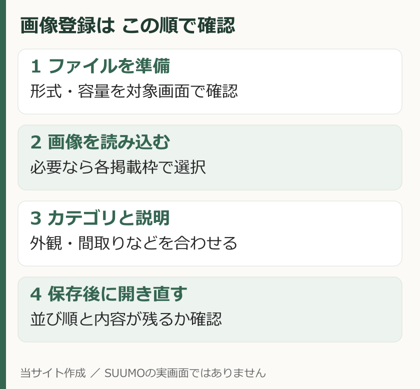 SUUMOの画像登録ではファイル準備、読み込みと掲載枠選択、カテゴリと説明、保存後の再確認を行う
