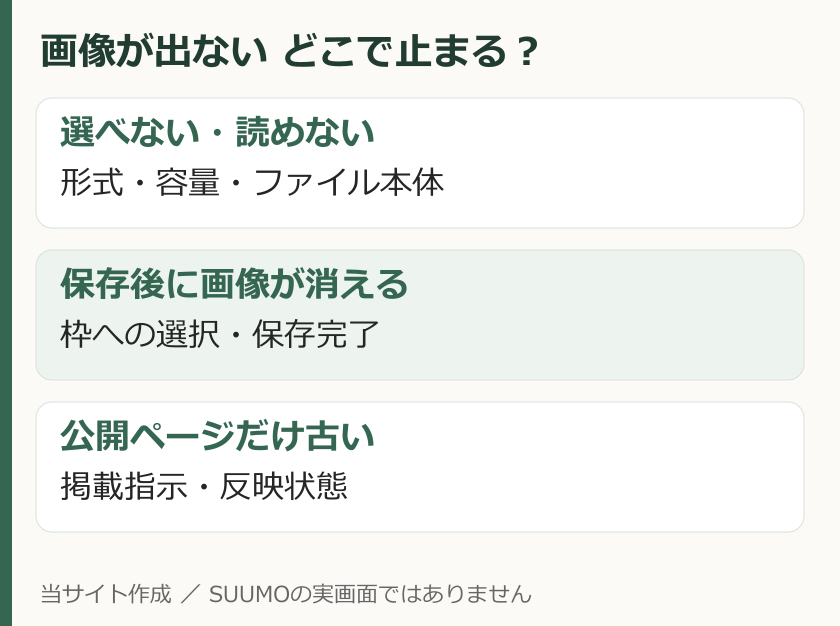 SUUMO画像トラブルを選択前、保存後、公開ページの3段階で切り分ける早見図