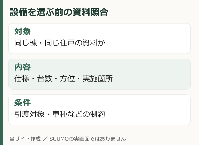 設備・特徴チェック前に対象住戸、内容、引渡しなどの条件を照合する図
