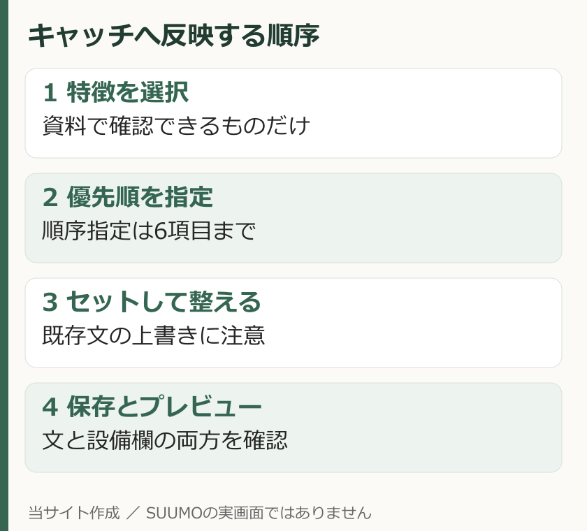 特徴項目の選択、6項目までの優先順、キャッチへのセット、保存と確認の手順図