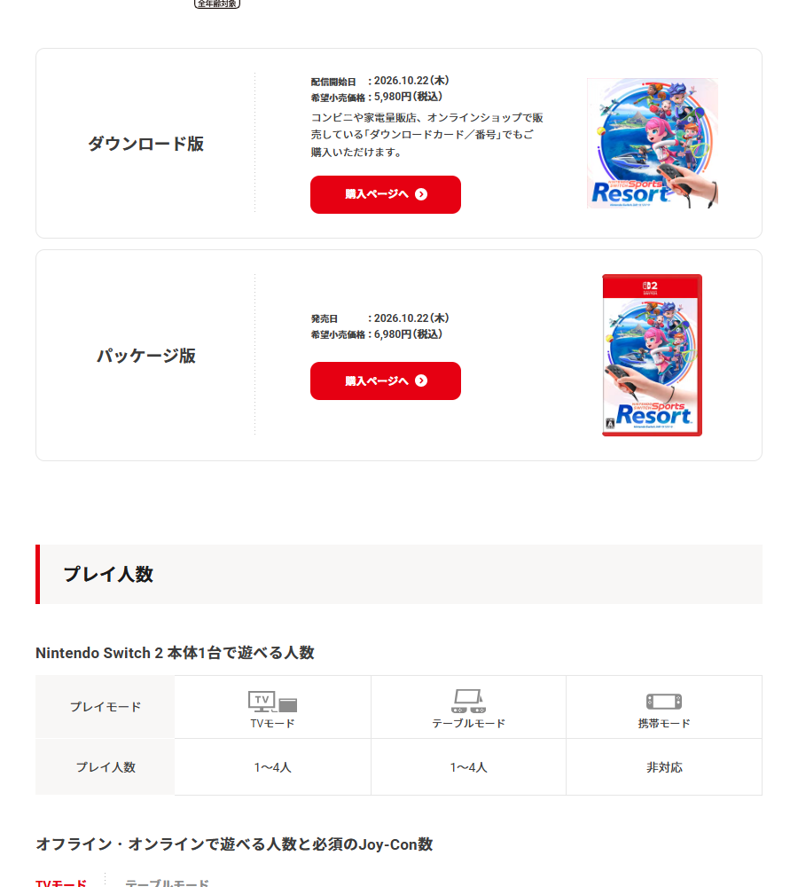 任天堂の商品情報で10月22日発売とダウンロード版5,980円、パッケージ版6,980円を確認した実画面