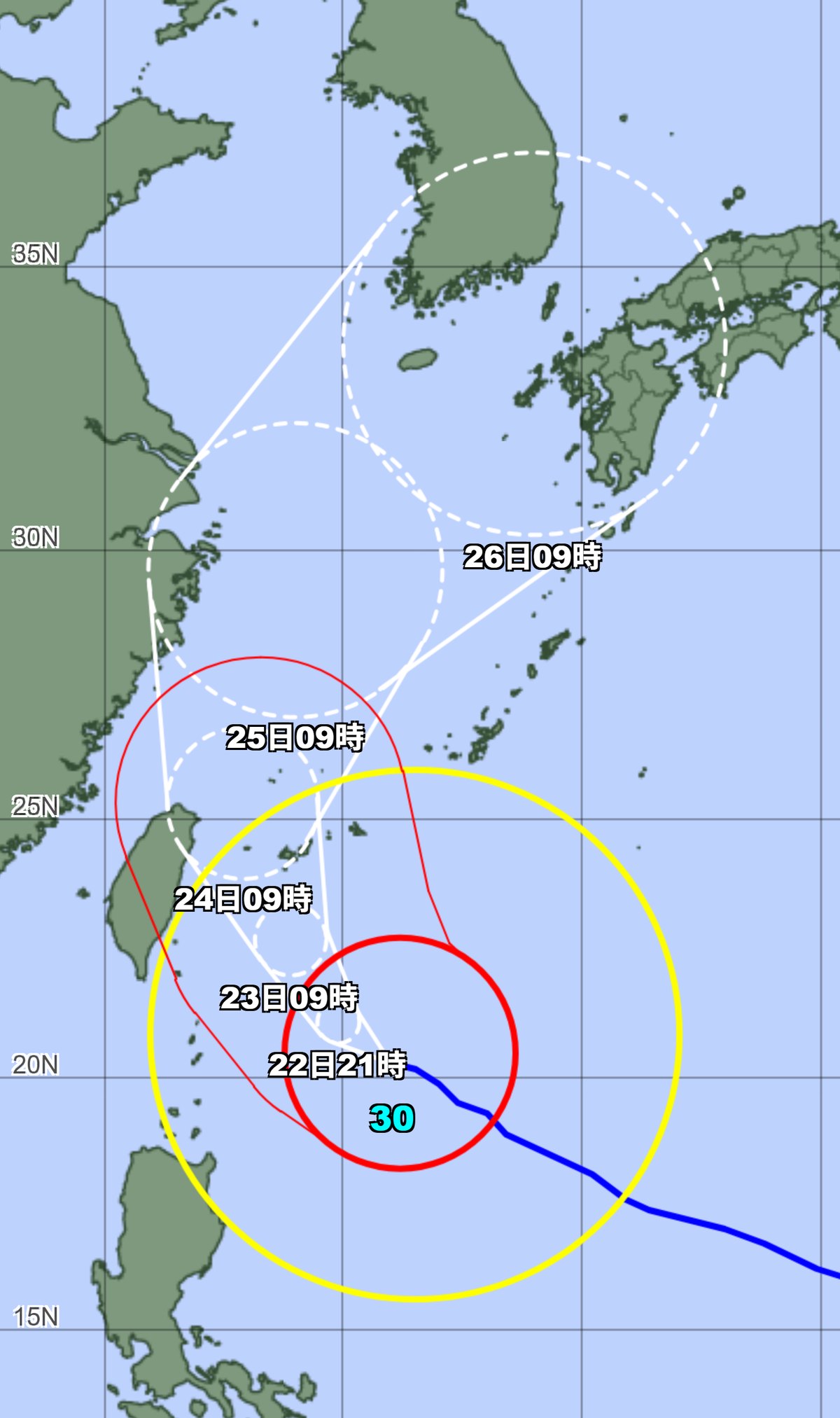 気象庁の台風情報の画面。台風30号は台湾の東を北上し、東シナ海から対馬海峡へ向かう予報円