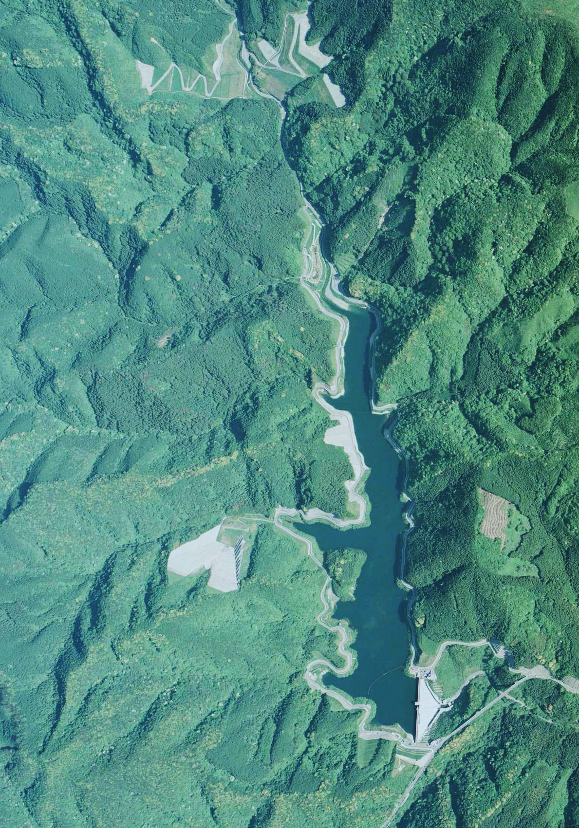 1995年5月の犬鳴ダム周辺の空中写真。山あいに細長いダム湖
