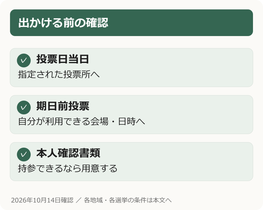 出かける前の確認。投票日当日：指定された投票所へ。期日前投票：自分が利用できる会場・日時へ。本人確認書類：持参できるなら用意する