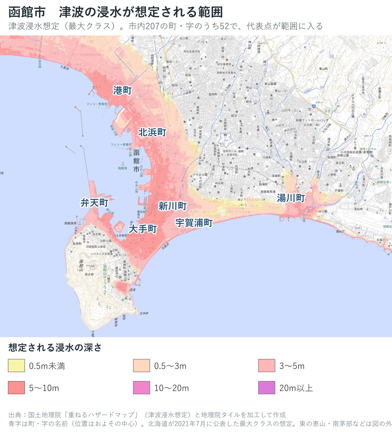 函館市の津波浸水想定(最大クラス)の深さを色で示した地図