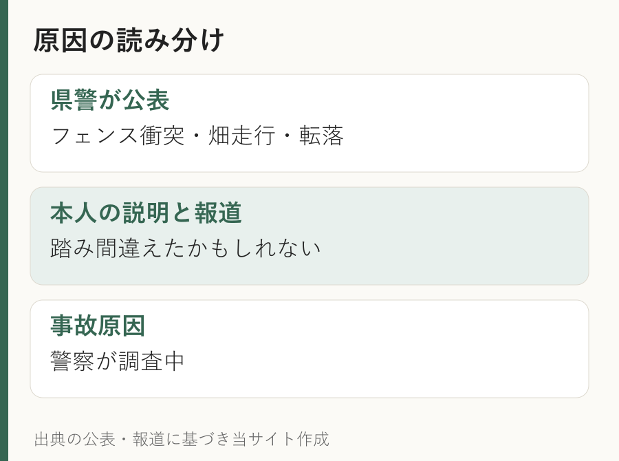 公表された走行経過と本人の説明を区別し、原因を確定扱いしない整理図