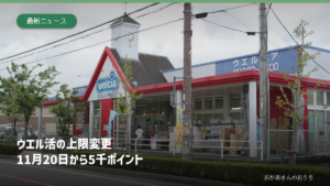 ウエルシア店舗の資料写真と、11月20日からのポイント上限変更の見出し