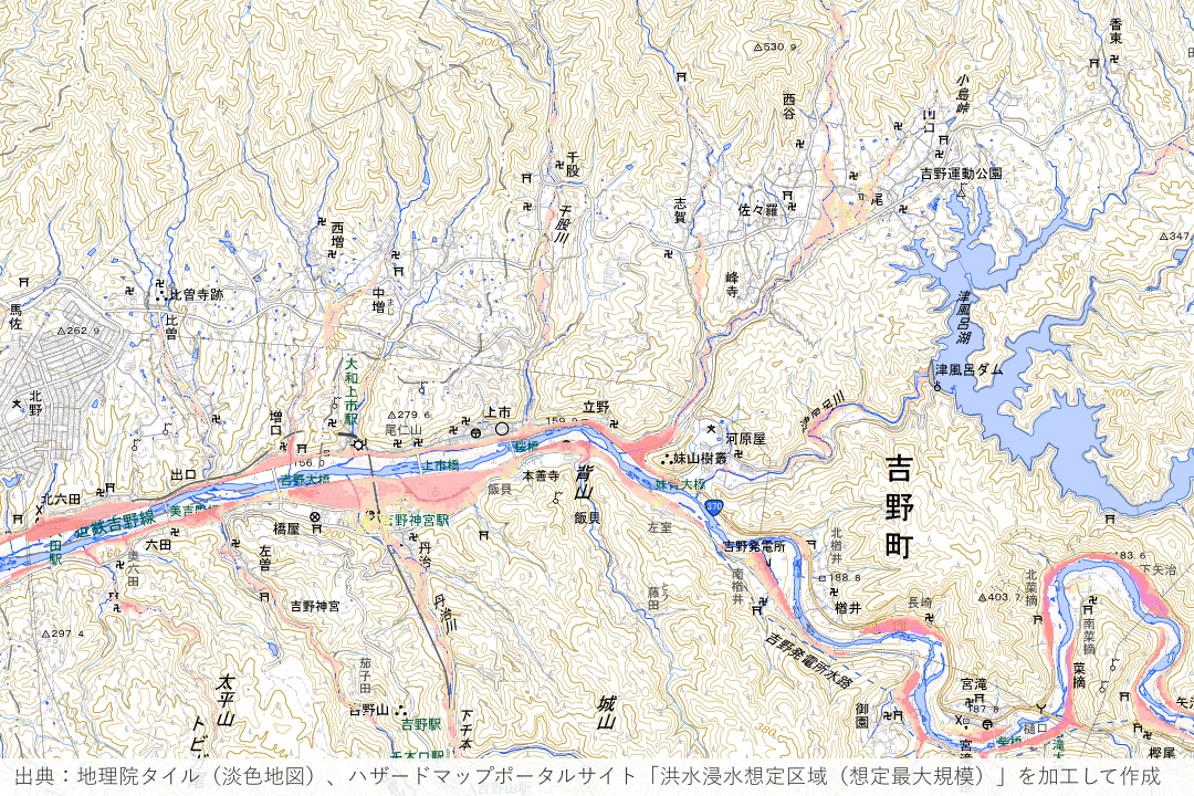 奈良県吉野町・大淀町付近の紀の川、通称吉野川の洪水浸水想定区域の地図