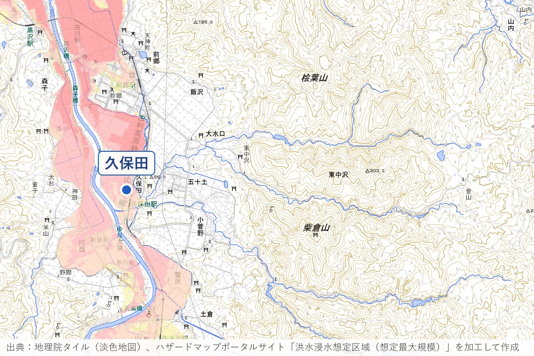 由利本荘市久保田・前郷付近の子吉川沿いの洪水浸水想定区域（想定最大規模）を示した地図