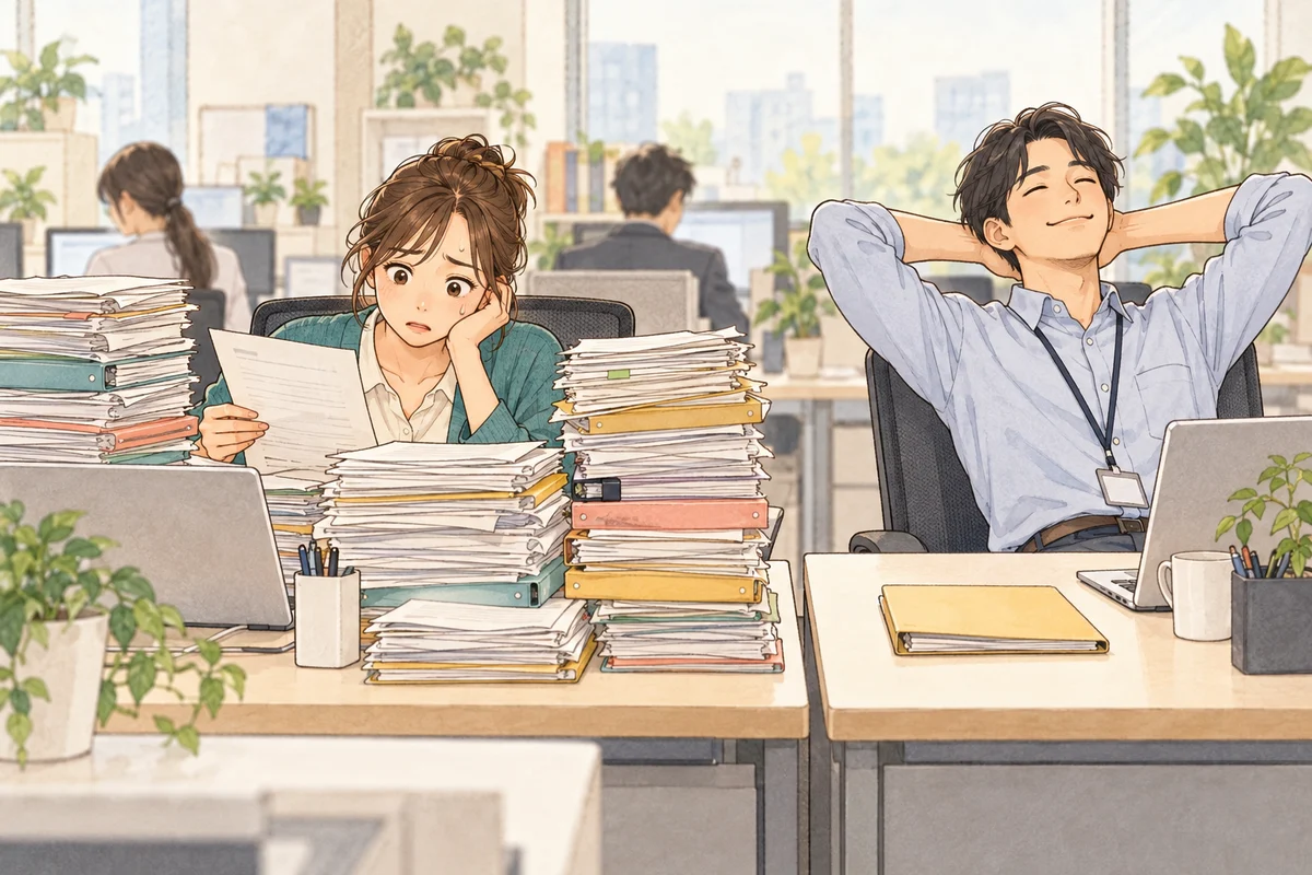できる人にばかり仕事が増えるという職場の問題を描いた生成イラスト