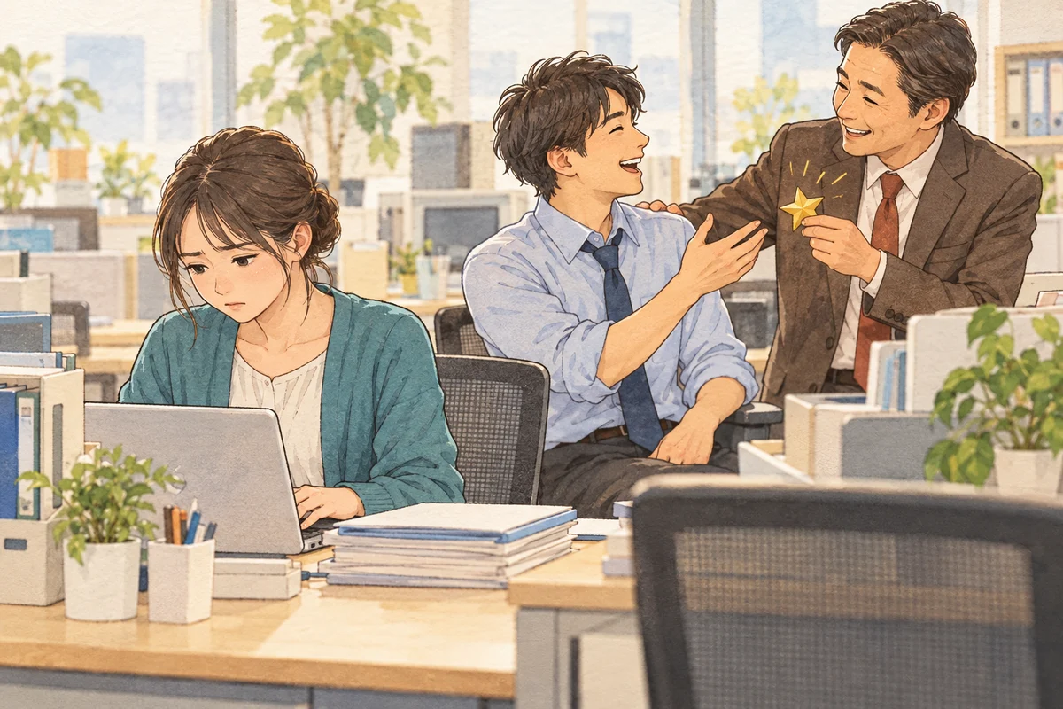 成果より、ご機嫌取りが評価されるという職場の問題を描いた生成イラスト