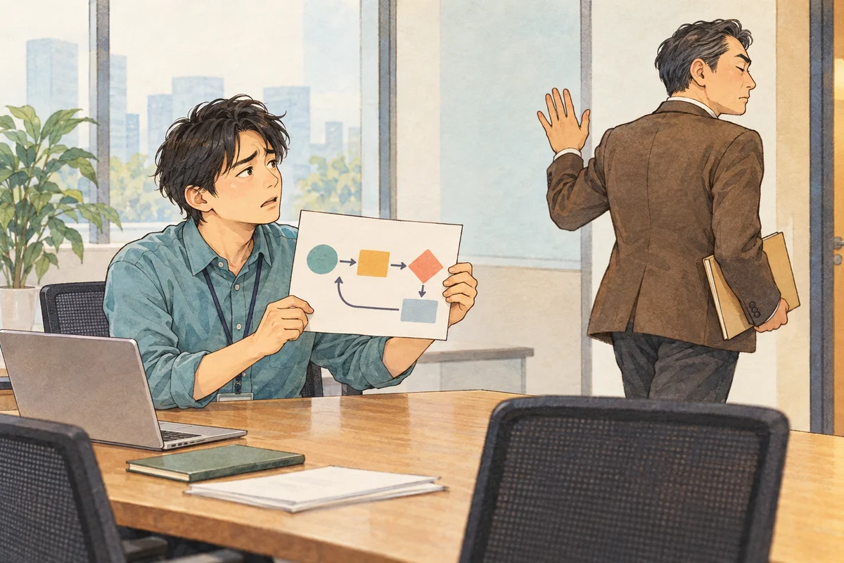 改善を提案した人が面倒扱いされるという職場の問題を描いた生成イラスト