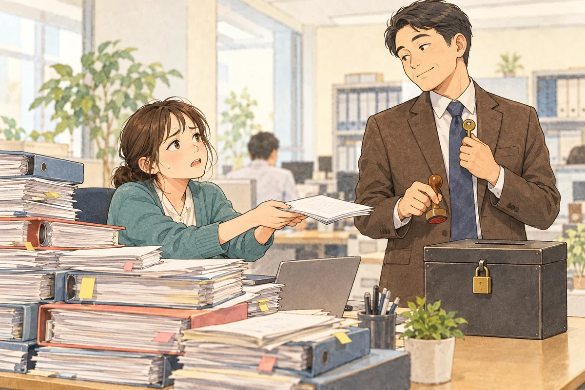 責任は任せるのに、決める権限は渡さないという職場の問題を描いた生成イラスト